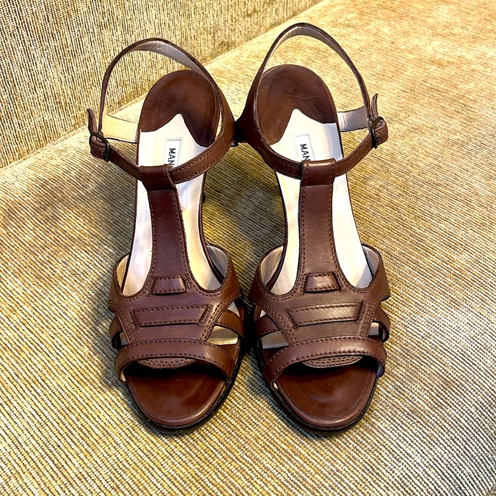 Manolo Blahnik Brown Leather T-Strap Heels